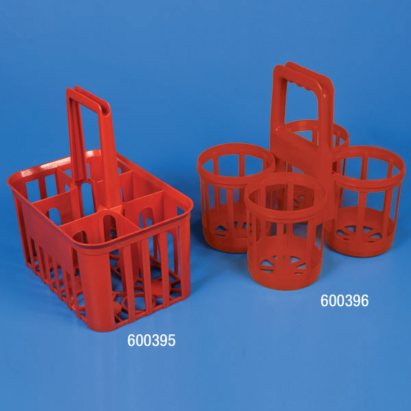 Globe Scientific Bottle Carrier, 4 Position, for up to 120mm Wide Bottles, HDPE, Red Image
